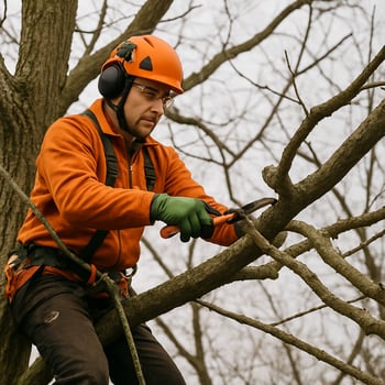 photographic Arborist pruning weak or crossing branchesRemoving deadwood that might becomes hazardous under ice
