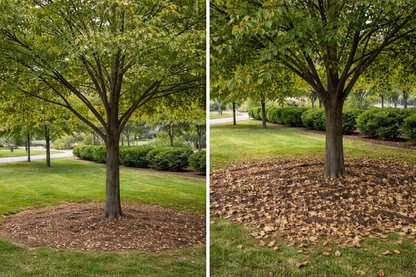 Tree with properly pruned lower canopy and tree with debris that can contribute to anthracnose